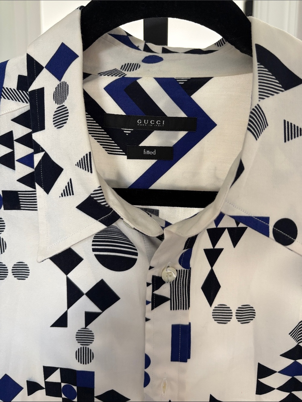 Gucci White Shirt with Blue & Black Geometric Print